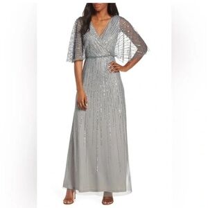 Adrianna Papell sequin V-neck gown- Sterling gray over nude lining-